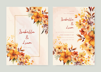 Orange frangipani set of wedding invitation template with shapes and flower floral border