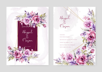 Pink and purple violet poppy wedding invitation card template with flower and floral watercolor texture vector