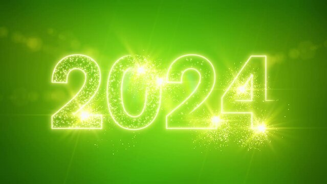 Video animation - abstract neon light in green-gold with the numbers 2024 - represents the new year - holiday concept.