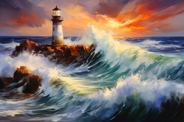 Majestic Lighthouse Battling Ocean's Fury - obrazy, fototapety, plakaty