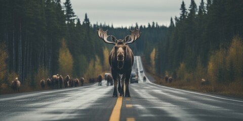  Moose cross the road. Conservation wild animals. Safe driving. Generative AI - obrazy, fototapety, plakaty