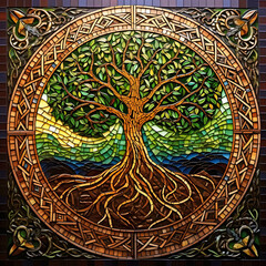Celtic tree of life mosaic. AI generated.