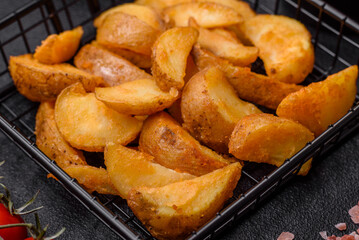Delicious crispy fried potato wedges with salt, spices and herbs
