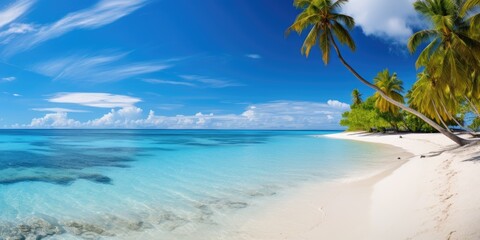 Horizontal image of tropical island with palm trees and white sand. Generative AI