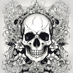 Skull with floral ornament and black and white colors. Vector illustration.
