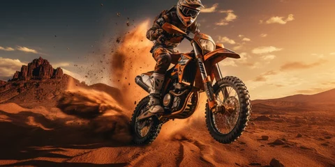 Poster Extreme motorcycle riding. Racer in the sandy desert. Generative AI © 22_monkeyzzz