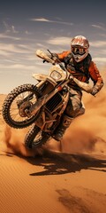 Vertical shot of a racer on a motorcycle in the sandy desert. Generative AI