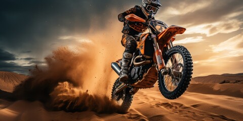 Extreme motorcycle riding. Racer in the sandy desert. Generative AI