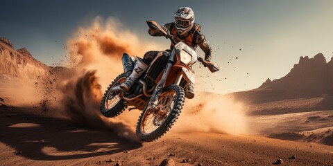 A motorcycle racer rides along a sandy road in the desert. Generative AI