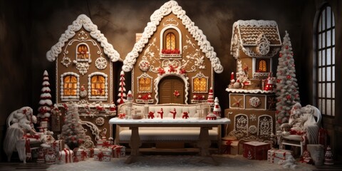 Christmas and New Year background. Christmas gingerbread houses. Generative AI