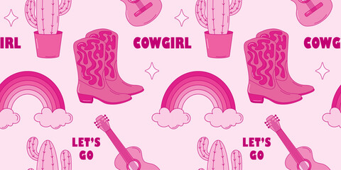 Pink cowgirl seamless pattern. Set of wild west pattern in pink color. Retro pink pattern with hat, flower, heart, revolver, glasses, horseshoe, guitar, lips, rainbow, bow, boots