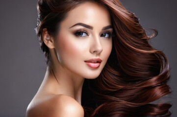 Fototapeta premium Beautiful woman with chocolate hair fly up from the wind. Pretty woman with make up and clean skin and long curly shiny brown hair. Close-up portrait on gray background