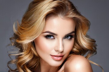 Fototapeta premium Beautiful woman with golden blond hairs fly up from the wind. Pretty woman with make up and clean skin and long curly shiny hair. Close-up portrait on gray background