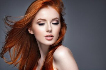 Fototapeta premium Beautiful woman with apricot hair fly up from the wind. Pretty woman with make up and clean skin and long curly shiny red ginger hair. Close-up portrait on gray background