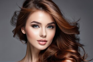 Fototapeta premium Beautiful woman with light brown hairs fly up from the wind. Pretty woman with make up, clean skin and long curly shiny hair. Close-up portrait on gray background