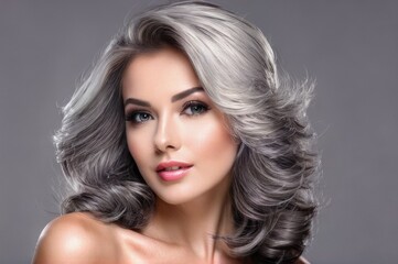 Fototapeta premium Beautiful woman with gray hairs. Pretty woman with make up and clean skin and long shiny titanium hair. Close-up portrait on gray background