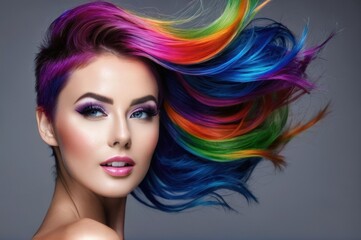 Naklejka premium Beautiful woman with rainbow hairs fly up from the wind. Pretty woman with make up, clean skin and long curly shiny colorful hair. Close-up portrait on gray background
