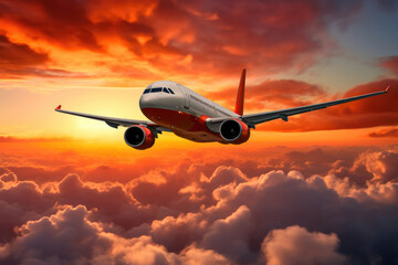 Fototapeta na wymiar Sundown Spectacle: Air Travel Through Clouds