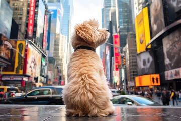 Furry Friend Admires Times Square Bustle