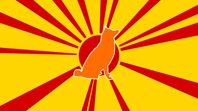Dog symbol on the background of animation from moving rays of the sun. Large orange symbol increases slightly. Seamless looped 4k animation on yellow background
