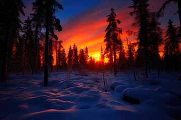 Fototapeta na wymiar Enchanting Winter Woods: Sunset Glow