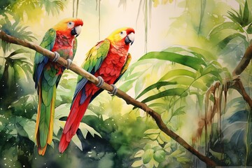 watercolor painting style illustration of two parrot birds in jungle nature background, Generative Ai - obrazy, fototapety, plakaty