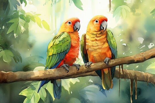 watercolor painting style illustration of two parrot birds in jungle nature background, Generative Ai