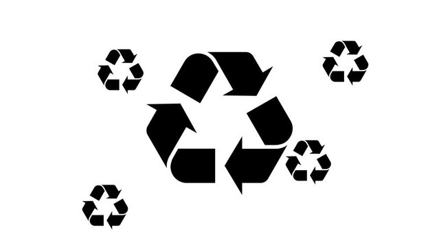 Zoom in and out animation the recycling symbol. Large black symbol in the center and four small symbols around. Seamless looped 4k animation on white background