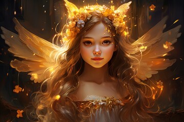 illustration of young angel girl with glitter glow light, Generative Ai