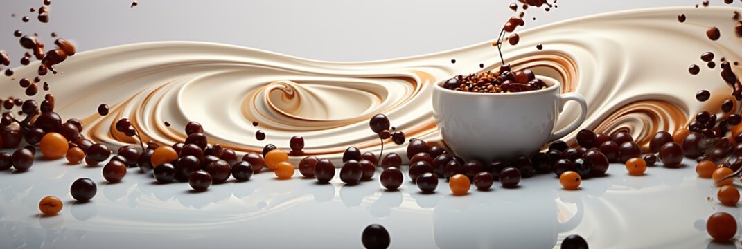 Large glass of unroasted coffee beans with creamy coffee swirl