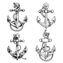 Sea anchor with rope and chains set. Ship equipment in sketch hand drawn style. Best for tattoo, emblem, logo. Vector illustration on white.