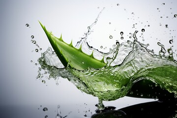 aloe vera leaf falling in water explosion isolated on white background