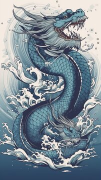 Japanese blue dragon with snake shape with kanagawa Ai generated art