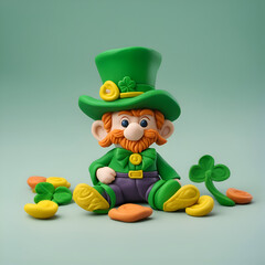 Leprechaun with gold coins and clover. 3d illustration