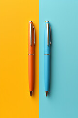 colorful arrangement of ballpoint pens on colored background - obrazy, fototapety, plakaty