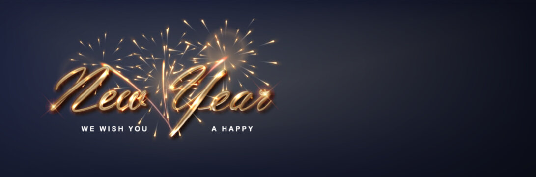 Happy new year banner with flickering fireworks. Dark luxury background with golden Realistic golden metal lettering