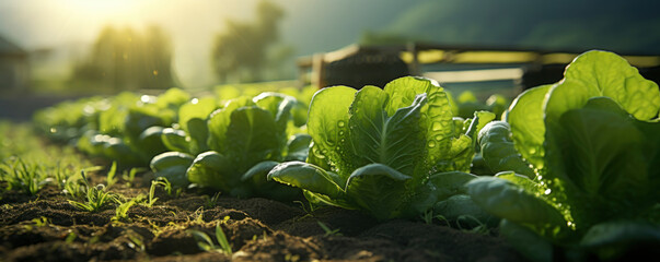 green cabbage in the ground on blurred background in sunlight. Farming, gardening concept. Organic food , healthy lifestyle. banner - obrazy, fototapety, plakaty