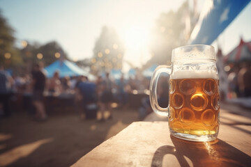 Large beer mug on table of outdoor fstival with sun in background