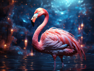 Dreamy flamingo in glowing blue and orange spark artwork generatieve ai
