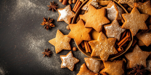Star shaped Christmas cookies with icing sugar.