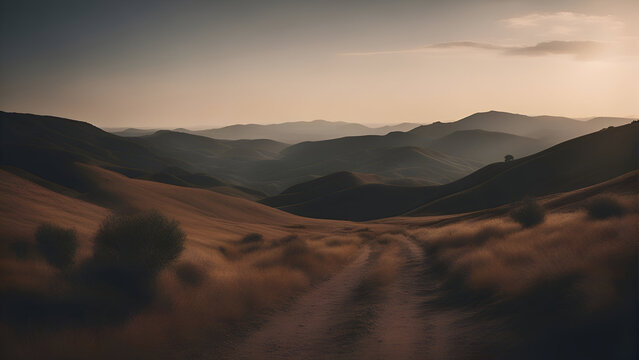 Dirt road in the mountains at sunset. Toned image.