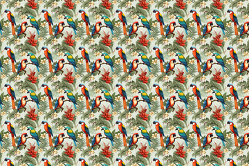 Fototapeta premium parrot tropical bird, flowers and plants seamless pattern
