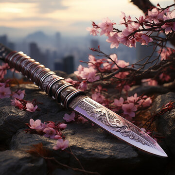 Samurai Sword in Japan global illumination cherry blossom tree created with Generative Ai