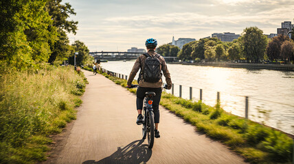 Obraz premium person riding a bicycle near river 
