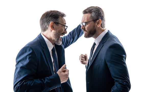conflict between boss and employee. conflict between companies. business conflict. two businessmen conflicting at rivalry isolated on white. businessmen having conflict in business