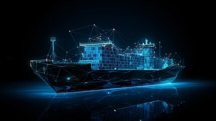 Polygonal 3d cargo ship in dark blue background. Online cargo delivery service, logistics or tracking app concept. Abstract vector illustration of online freight delivery service. - obrazy, fototapety, plakaty