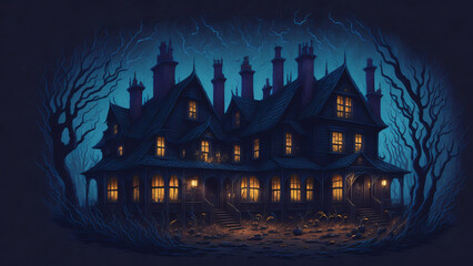 Cartoon style Halloween mysterious spooky horror mansion