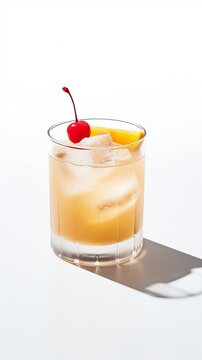 John Collins or Whiskey sour cocktail in glass decorated with cherry, slice of orange on white background