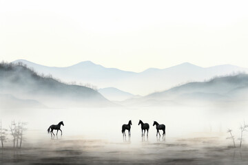 Horses in frog against a background of mountains