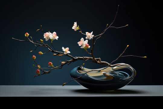 Graceful branch with pink blossoms in scallop-shell
